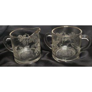 Bartlett Collins Cream & Sugar Set Gold Trim Grape Vine Ivy Leaf Etched Glass